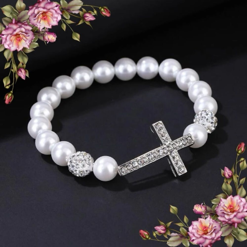 Rhinestone Cross & Faux Pearl‎ Decor Beaded Bracelet